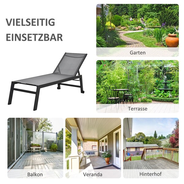 Outsunny Sluneční Lehátko, Zahradní Lehátko, 5-Polohová Opěrka, Hliník, Šedá, 202 x 65 x 43 cm | Aosom