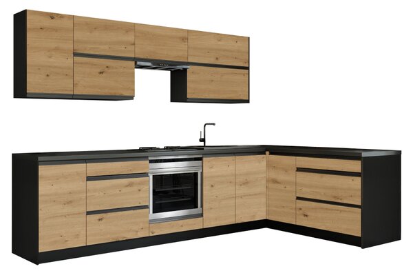 KONDELA Rohová univerzální kuchyňská linka 300x180, dub artisan/černá, BRECK