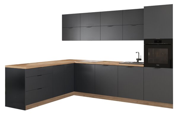KONDELA Rohová univerzální kuchyňská linka, 300x220, grafit/dub craft, LAFT