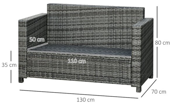 Outsunny Poly-Ratanová Pohovka s Polštáři pro 2 Osoby, Zahradní Lounge Pohovka, Kov, Polyester, Šedá, 130 x 70 x 80 cm | Aosom
