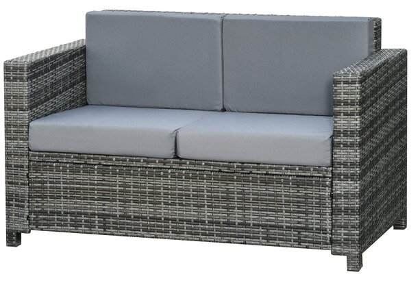 Outsunny Poly-Ratanová Pohovka s Polštáři pro 2 Osoby, Zahradní Lounge Pohovka, Kov, Polyester, Šedá, 130 x 70 x 80 cm | Aosom
