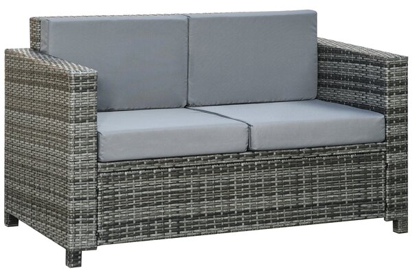 Outsunny Poly-Ratanová Pohovka s Polštáři pro 2 Osoby, Zahradní Lounge Pohovka, Kov, Polyester, Šedá, 130 x 70 x 80 cm | Aosom