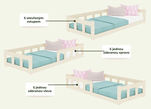 Nízká dětská jednolůžková postel FENCE 4v1 se zábranou - Transparentní vosková lazura matná, 90x190 cm, S jednou zábranou vlevo