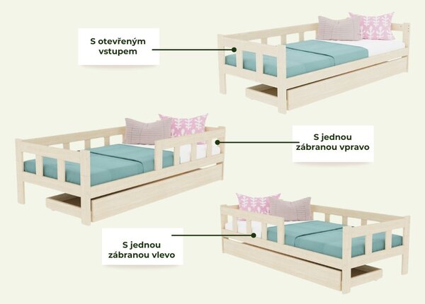 Dětská jednolůžková postel FENCE 4v1 se zábranou a úložným šuplíkem - Transparentní vosková lazura matná, 90x200 cm, S jednou zábranou vpravo