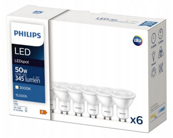 6x LED žárovka Philips GU10 - 4,7W - 345lm - 3000K - CorePro 36°