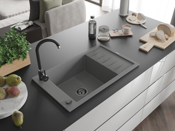 Mexen Elias, granitový dřez granitový 795x480x200 mm, 1-komorový, šedá s černým sifonem, 6511791005-71-B