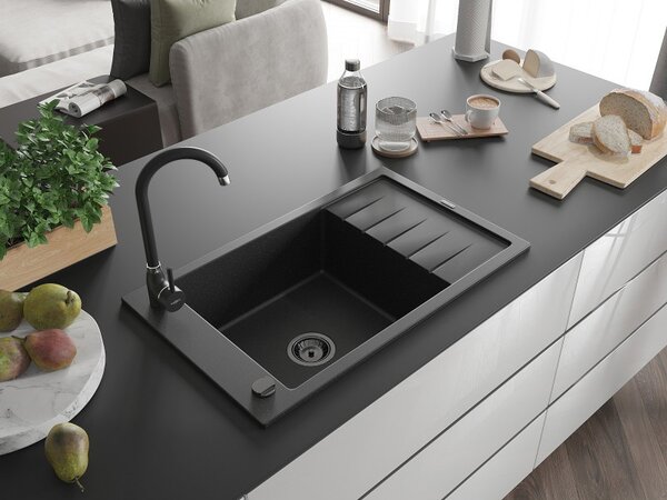 Mexen Elias, granitový dřez granitový 795x480x200 mm, 1-komorový, černá-stříbrná metalíza s černým sifonem, 6511791005-73-B