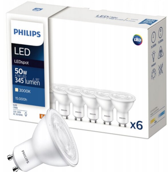 6x LED žárovka Philips GU10 - 4,7W - 345lm - 3000K - CorePro 36°
