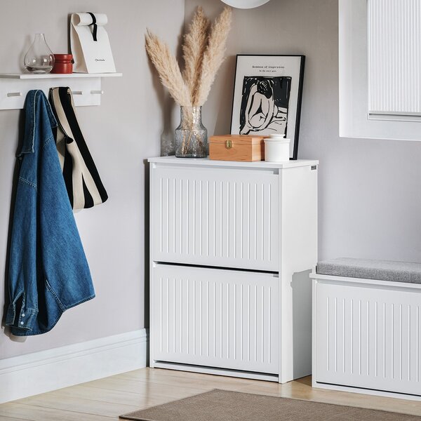 Sobuy Fsr165-K-W Vyklápěcí Botník Se 2 Výklopnými Dvířky Sklápěč Bot Komoda Na Boty Bílá 61 X 81 X 26 Cm