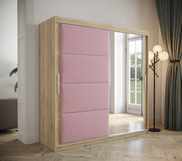 Šatní skřín Tempica 200cm se zrcadlem, sonoma/růžový panel