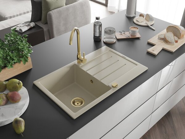 Mexen Bruno, granitový dřez 795x495x200 mm, 1-komorový, béžová se zlatým sifonem, 6513791010-69-G