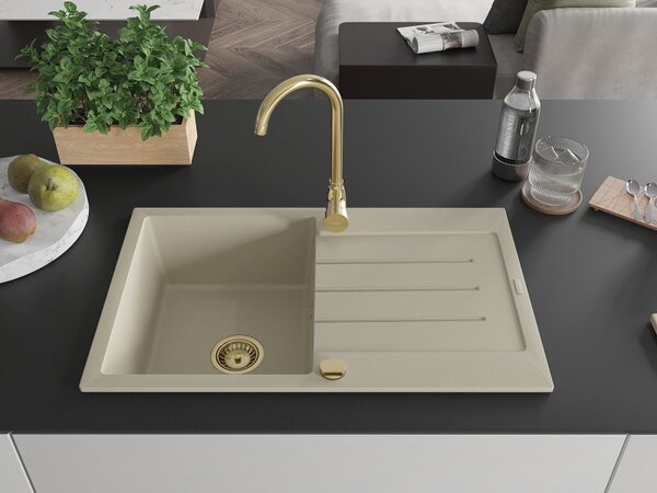 Mexen Bruno, granitový dřez 795x495x200 mm, 1-komorový, béžová se zlatým sifonem, 6513791010-69-G