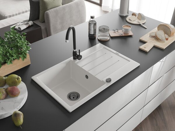 Mexen Bruno, granitový dřez 795x495x200 mm, 1-komorový, bílá s černým sifonem, 6513791010-20-B