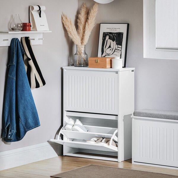 Sobuy Fsr165-K-W Vyklápěcí Botník Se 2 Výklopnými Dvířky Sklápěč Bot Komoda Na Boty Bílá 61 X 81 X 26 Cm