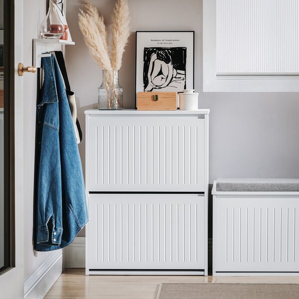 Sobuy Fsr165-K-W Vyklápěcí Botník Se 2 Výklopnými Dvířky Sklápěč Bot Komoda Na Boty Bílá 61 X 81 X 26 Cm