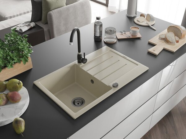 Mexen Bruno, granitový dřez 795x495x200 mm, 1-komorový, béžová s černým sifonem, 6513791010-69-B