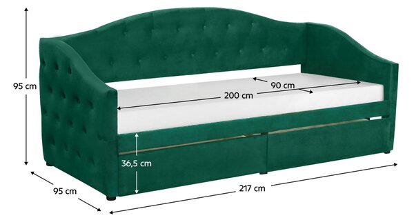 KONDELA Postel s úložným prostorem, 90x200, zelená Velvet látka, ZASKA
