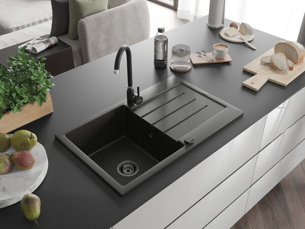 Mexen Bruno, granitový dřez 795x495x200 mm, 1-komorový, černá se zlatou metalízou a černým sifonem, 6513791010-75-B