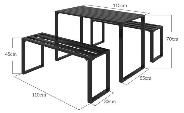 Outsunny Sada zahradního nábytku 3-dílná sezená skupina 1 x stůl 2 x lavičky Černý kov 110 x 55 x 70 cm | Aosom