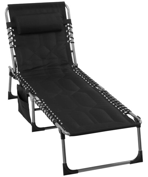 Outsunny Sluneční Lehátko, Skládací Zahradní Lehátko s Polštářem na Hlava, Boční Kapsou, Recliner s 5-Úrovňovým Nastavitelným Opěradlem, Voděodolné Ke