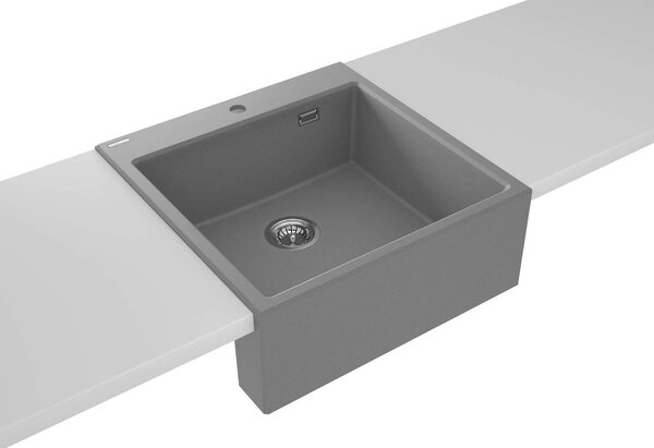 Deante Eridan Farmerski, granitový dřez na desku 600x610x214 mm, 3,5" + prostorově úsporný sifon, 1-komorový, šedá, ZQE_S10K