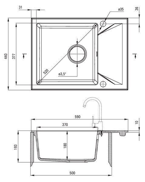 Deante Evora, granitový dřez na desku 590x440x193 mm Z/KO, 3,5" + prostorově úsporný sifon, 1-komorový, béžová, ZQJ_511A
