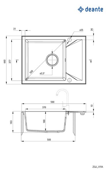 Deante Evora, granitový dřez na desku 590x440x193 mm Z/KO, 3,5" + prostorově úsporný sifon, 1-komorový, černá, ZQJ_N11A