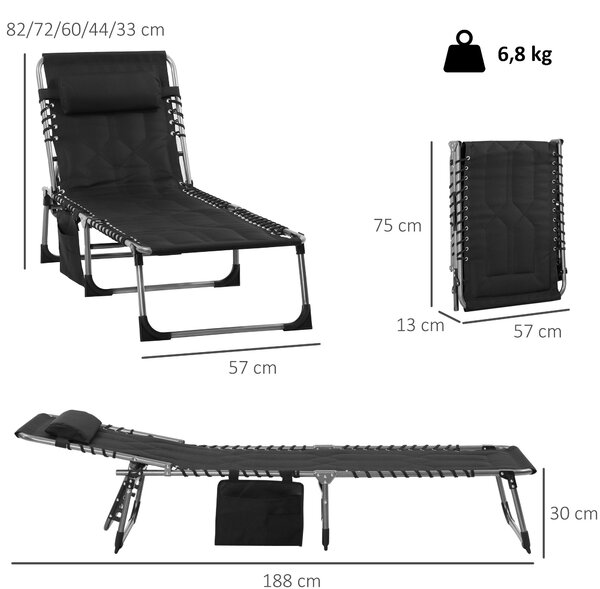 Outsunny Sluneční Lehátko, Skládací Zahradní Lehátko s Polštářem na Hlava, Boční Kapsou, Recliner s 5-Úrovňovým Nastavitelným Opěradlem, Voděodolné Ke