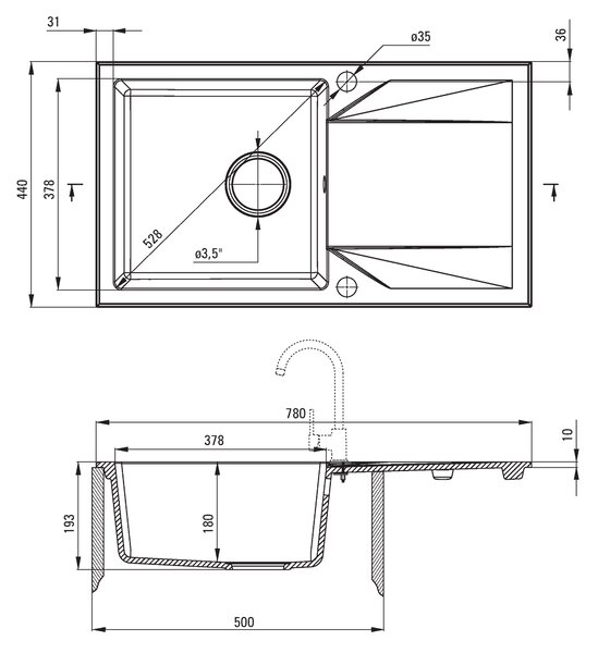 Deante Evora, granitový dřez na desku 780x440x193 mm, 3,5" + prostorově úsporný sifon, 1-komorový, béžová, ZQJ_5113