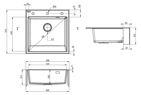 Deante Eridan Farmerski, granitový dřez na desku 600x610x214 mm, 3,5" + prostorově úsporný sifon, 1-komorový, antracitová metalíza, ZQE_T10K