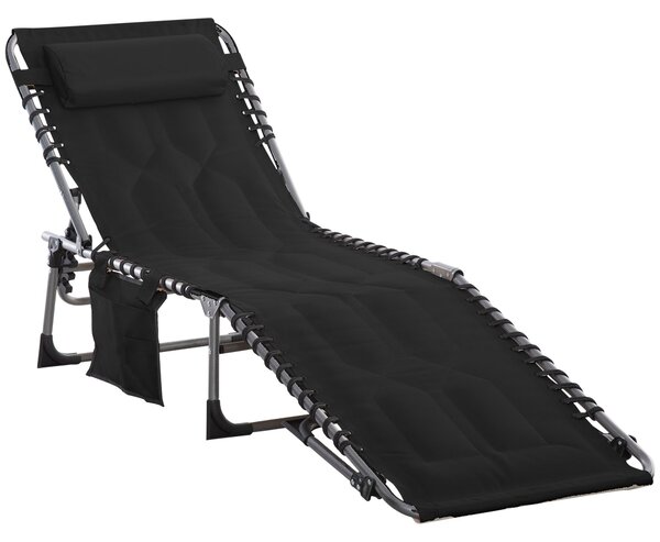 Outsunny Sluneční Lehátko, Skládací Zahradní Lehátko s Polštářem na Hlava, Boční Kapsou, Recliner s 5-Úrovňovým Nastavitelným Opěradlem, Voděodolné Ke