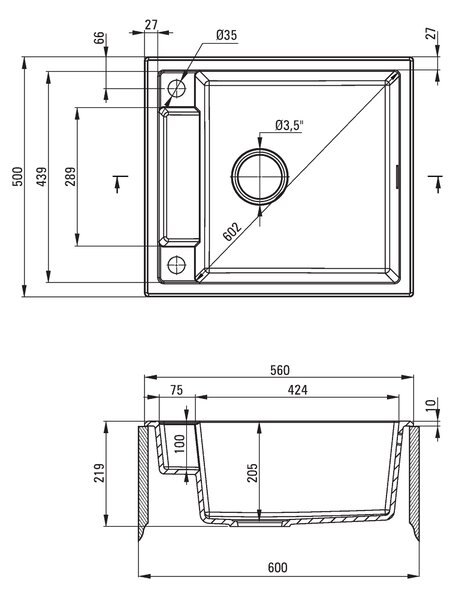 Deante Magnetic, granitový dřez na desku 560x500x219 mm, 3,5" + prostorově úsporný sifon, 1-komorový, bílá, ZRM_A103