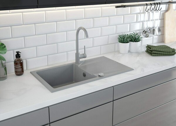 Deante Evora, granitový dřez na desku 780x440x193 mm, 3,5" + prostorově úsporný sifon, 1-komorový, šedá, ZQJ_S113