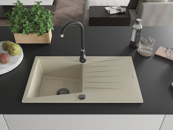 Mexen Cesar, granitový dřez 775x470x190 mm, 1-komorový, béžová s černým sifonem, 6514771010-69-B