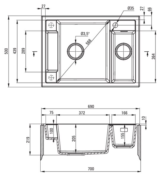 Deante Magnetic, granitový dřez na desku 690x500x219 mm, 3,5" + prostorově úsporný sifon, 1,5-komorový, antracitová metalíza, ZRM_T503