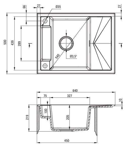 Deante Magnetic, granitový dřez na desku 640x500x219 mm Z/KO, 3,5" + prostorově úsporný sifon, 1-komorový, černá, ZRM_N11A