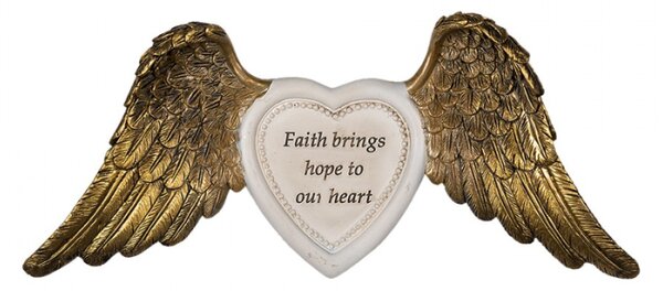 Závěsná dekorace bílé srdce se zlatými křídly – 24x2x10 cm