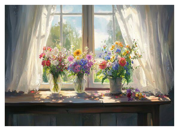 Skleněný obraz - Kytice u okna (70x50 cm)