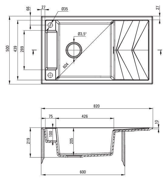 Deante Magnetic, granitový dřez na desku 820x500x219 mm Z/O, 3,5" + prostorově úsporný sifon, 1-komorový, grafitová metalíza, ZRM_G113