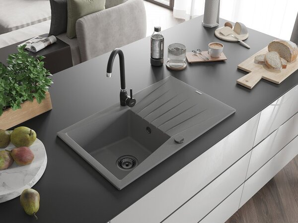 Mexen Cesar, granitový dřez 775x470x190 mm, 1-komorový, šedá s černým sifonem, 6514771010-71-B
