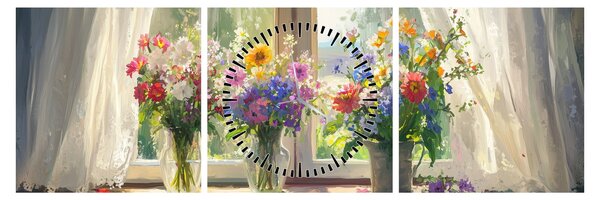 Obraz - Kytice u okna (s hodinami) (90x30 cm)