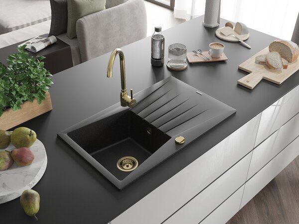 Mexen Cesar, granitový dřez 775x470x190 mm, 1-komorový, černá-stříbrná metalíza se zlatým sifonem, 6514771010-73-G