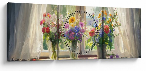 Obraz - Kytice u okna (s hodinami) (90x30 cm)