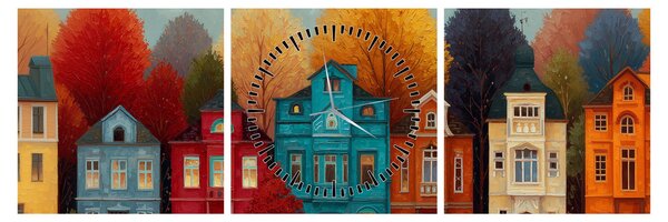 Obraz - Malované podzimní město (s hodinami) (90x30 cm)