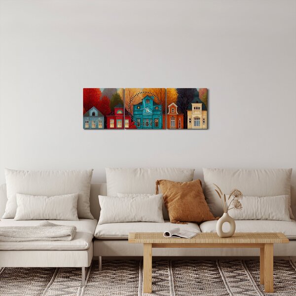 Obraz - Malované podzimní město (s hodinami) (90x30 cm)