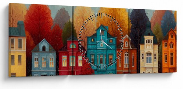 Obraz - Malované podzimní město (s hodinami) (90x30 cm)