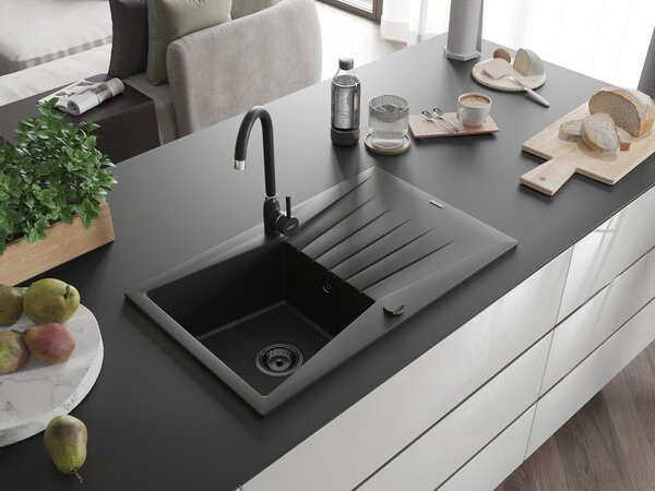 Mexen Cesar, granitový dřez 775x470x190 mm, 1-komorový, černá s černým sifonem, 6514771010-77-B
