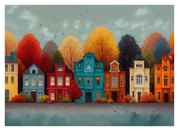 Skleněný obraz - Malované podzimní město (70x50 cm)