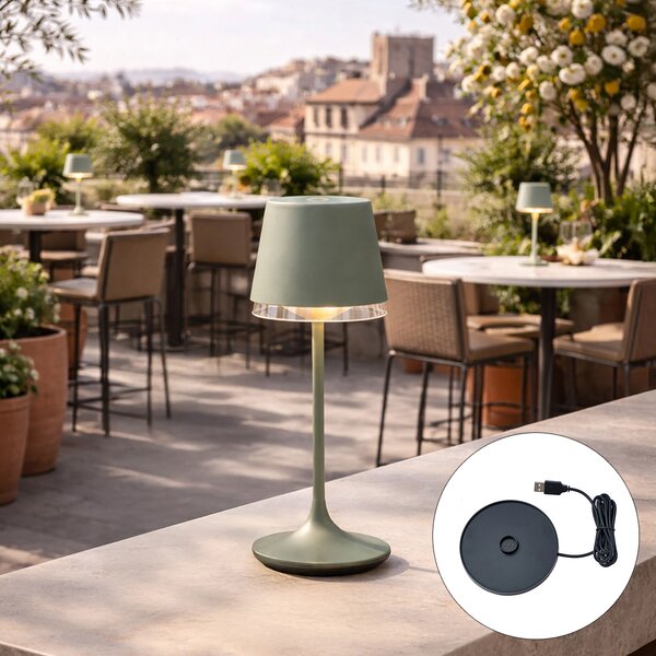 Stolní lampa zelená vč. LED IP65 dobíjecí s nabíjecí stanicí - Bass