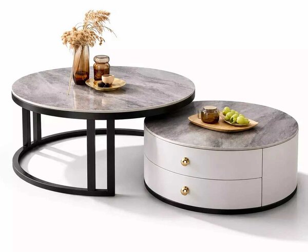 LuxuryForm DESIGN Konferenční stolek ORION 70 × 70 / 50 × 50 cm – bílý / šedý mramor (set 2 ks)